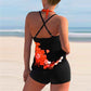 Plus Size Bikini Print Split Boxer Swimsuit Floral Cross Straps Suspender Set