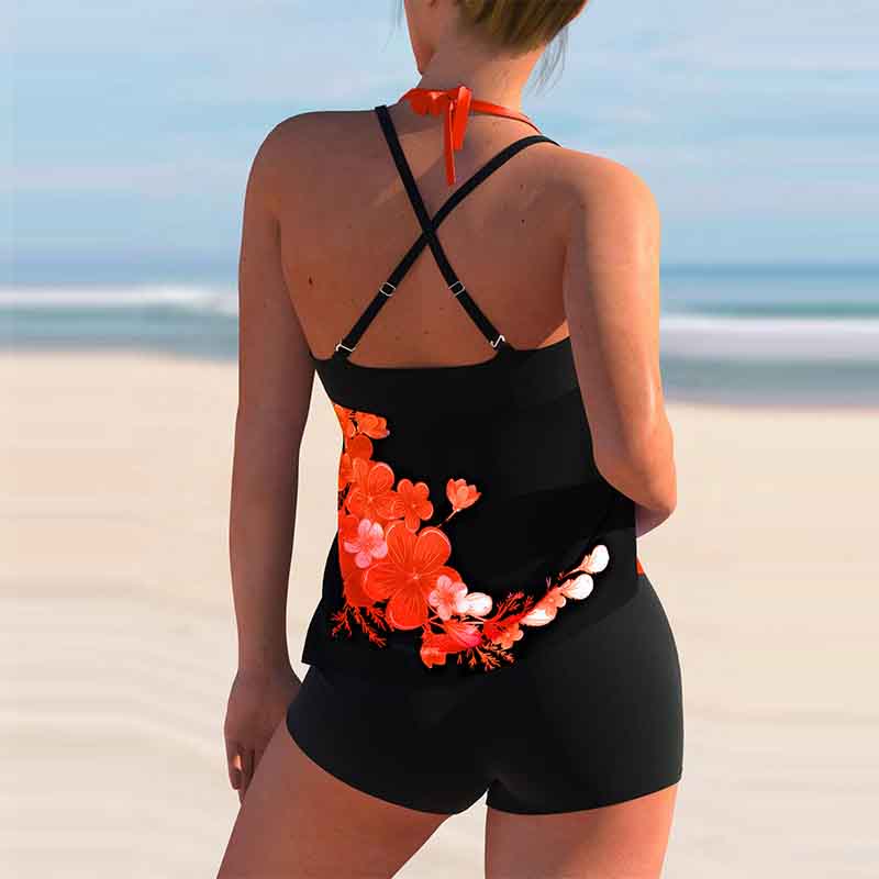 Plus Size Bikini Print Split Boxer Swimsuit Floral Cross Straps Suspender Set