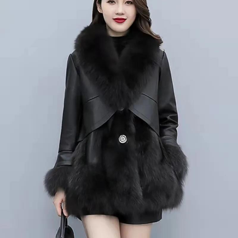 Fur Coat Women's Winter New Style Fox Fur Mid-length PU Leather Stitching Thick Warm Leather Coat for Women's Cotton Jacket To Keep Warm
