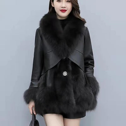 Fur Coat Women's Winter New Style Fox Fur Mid-length PU Leather Stitching Thick Warm Leather Coat for Women's Cotton Jacket To Keep Warm
