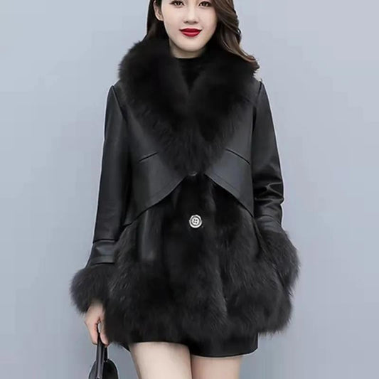 Fur Coat Women's Winter New Style Fox Fur Mid-length PU Leather Stitching Thick Warm Leather Coat for Women's Cotton Jacket To Keep Warm