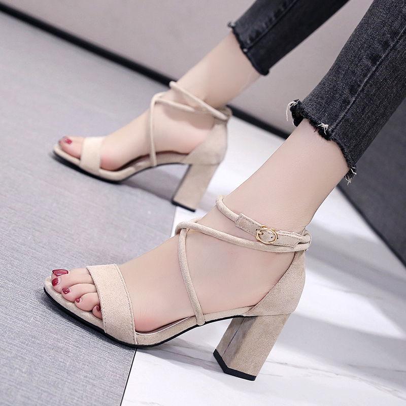 Women's Summer Sandals Mid-heel Chunky Heel Buckle High Heels Korean Style All-match Strapped Roman Sandals