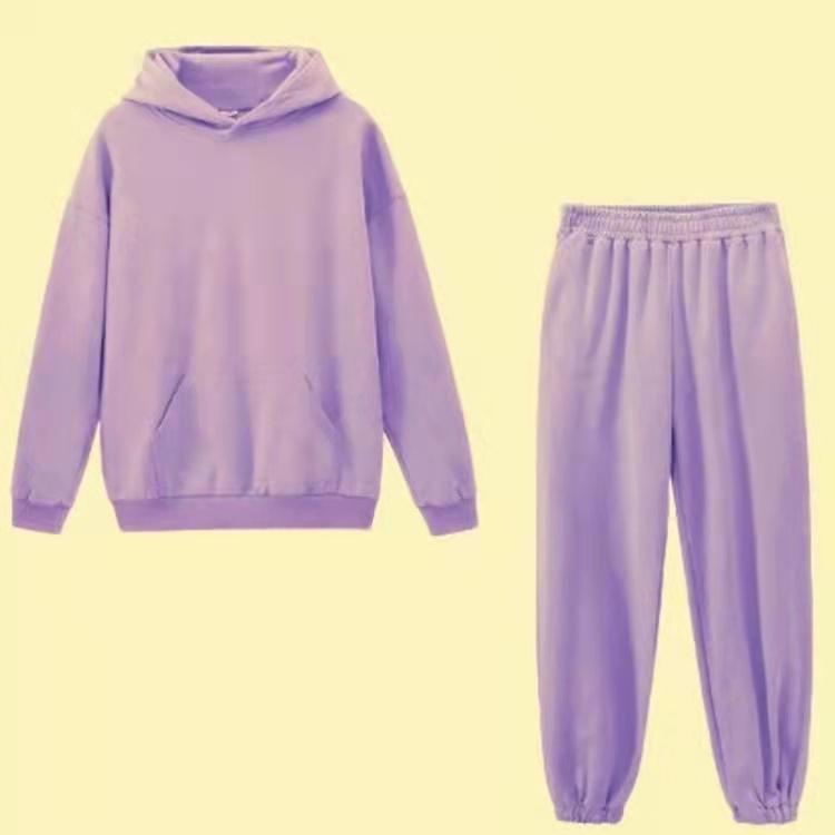 2PCS Women Loose Hooded Suits Solid Color Sports Wear Warm Fleece Hoodie Jogger Long Pants Suit Tracksuit Sets Two Piece Casual Athletic Clothing