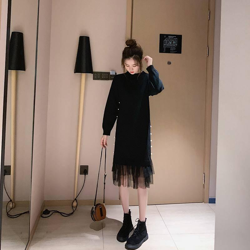 Pofulove Women Chiffon Sweater Dress Long Section Turtleneck Beading Lace Knitted Skirt Pullover