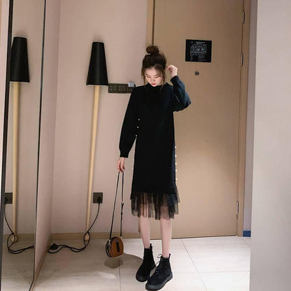 Pofulove Women Chiffon Sweater Dress Long Section Turtleneck Beading Lace Knitted Skirt Pullover