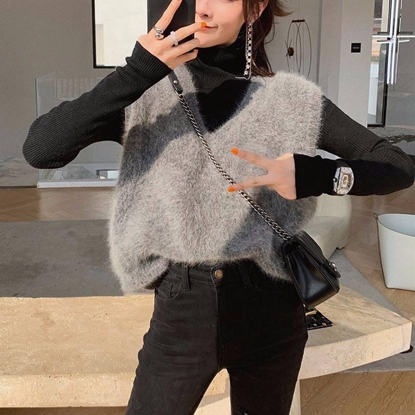 Pofulove Autumn Winter Sweater Women's Vest Coat Winter Temperament Outer Wear Simple Black Top