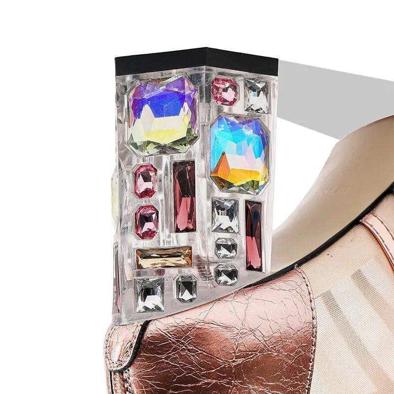 Pointed Toe Net Boots High-heeled Rhinestone Toe Cap Sandals Female Summer Leather Soft Leather Thick-heeled Net Gauze Sandals