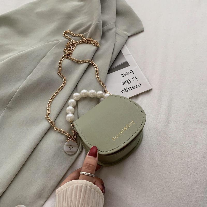 Women Mini Shoulder Messenger Bags Casual Female Crossbody Bags Portable PU Leather Big Pearl Metal Chain