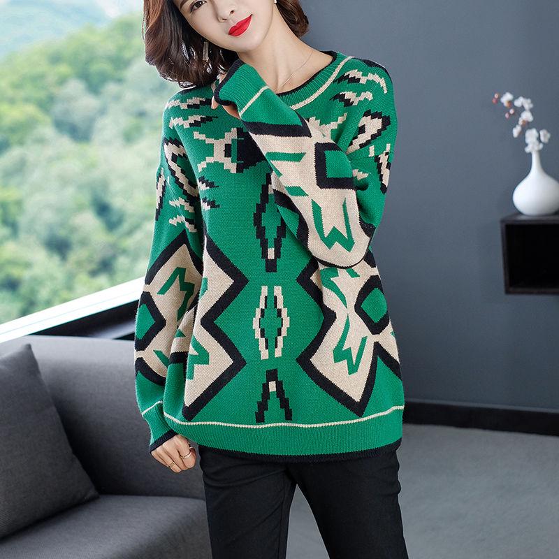 Fall/winter Vintage Printed Pullover Sweater Women Loose Knitted Sweater Jumper Bottoming  Outer Wear