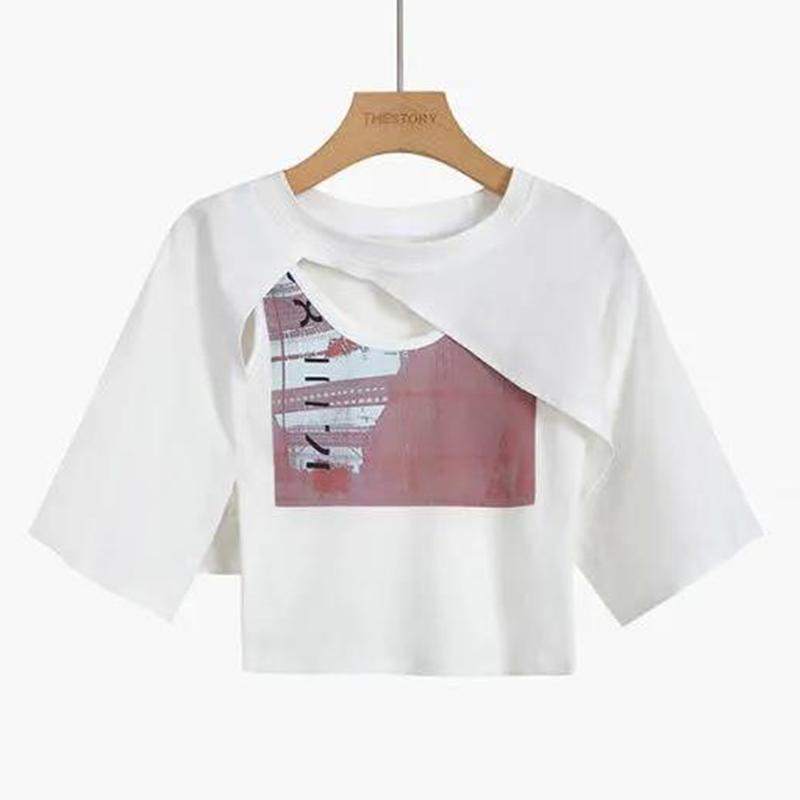 Gray Short-sleeved Irregular T-shirt Women's Short Umbilical Short Chic Top Two-piece Female Summer