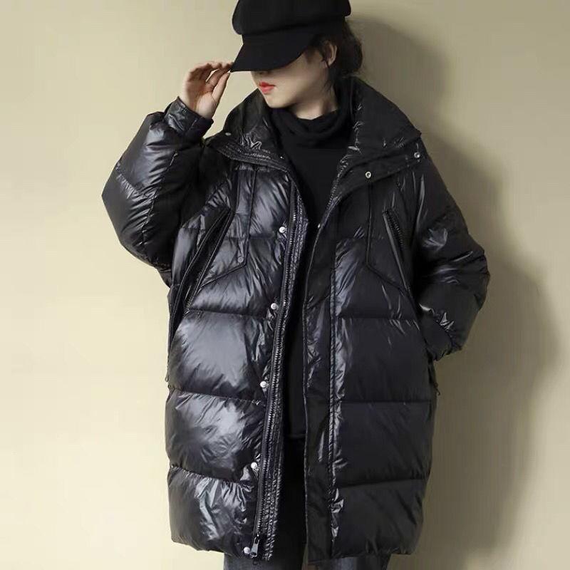 Mid-length Down Jacket Women Winter Korean Version of Loose Stand-up Collar Shiny Down Jacket Bread Suit Jacket