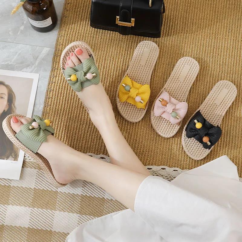 Women Summer Shoes Soft Sole Versatile Casual Slippers Anti-slip Light Flat Indoor Bow Slippers
