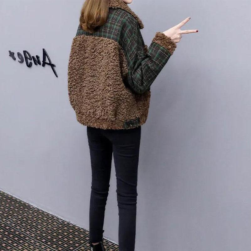 Lamb Wool Stitching Short Coat 2021 Autumn and Winter Plaid Wool Short Coat Cotton-padded Jacket Women