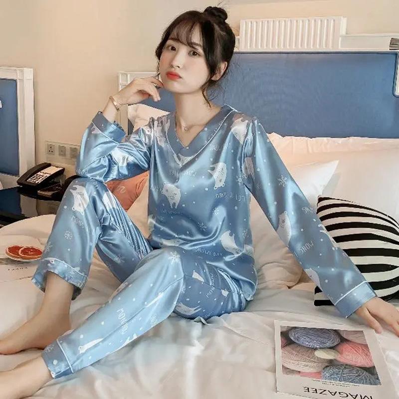 Ice Silk Pajamas Set V Neck  Long-sleeved Set for Womens Spring Autumn Thin Flower Cartoon Printed Outer Wear Home Clothes Two Pieces Set