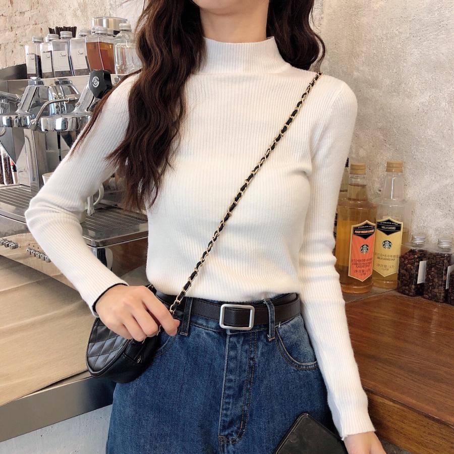 Pofulove 10 Colors Women Knitted Cute Solid Half Turtleneck Loose Sweater Blouse Solid Color Sweater