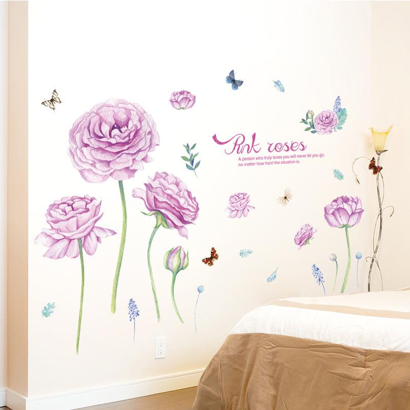 Romantic Pink Rose butterfly Wall Sticker Bedroom Living Room Background Decorative Sofa Removable