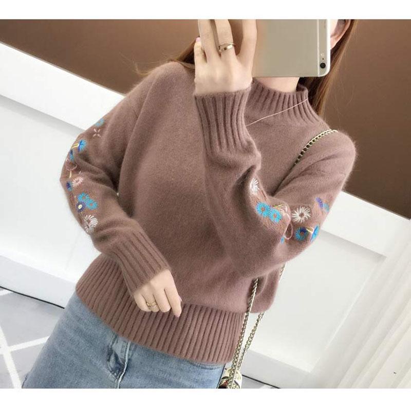 Half Turtleneck Sweater Thicken Women's Autumn and Winter Short Embroidery Flower Base Knit Long Sleeve Pullover