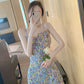Women's Summer Simple Elegant Irregular Waist Thin Splicing Sweet Fresh Sling Party Floral Dress