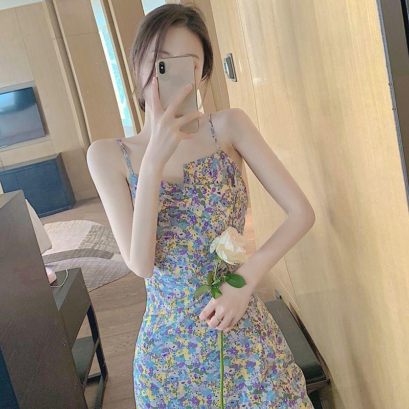 Women's Summer Simple Elegant Irregular Waist Thin Splicing Sweet Fresh Sling Party Floral Dress