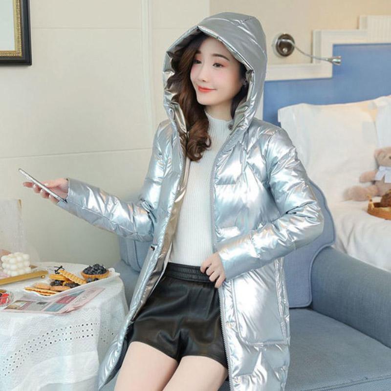 Winter Glossy Down Jacket Korean Thick Hooded Cotton Jacket Solid Color Disposable Mid-length Ladies Down Jacket