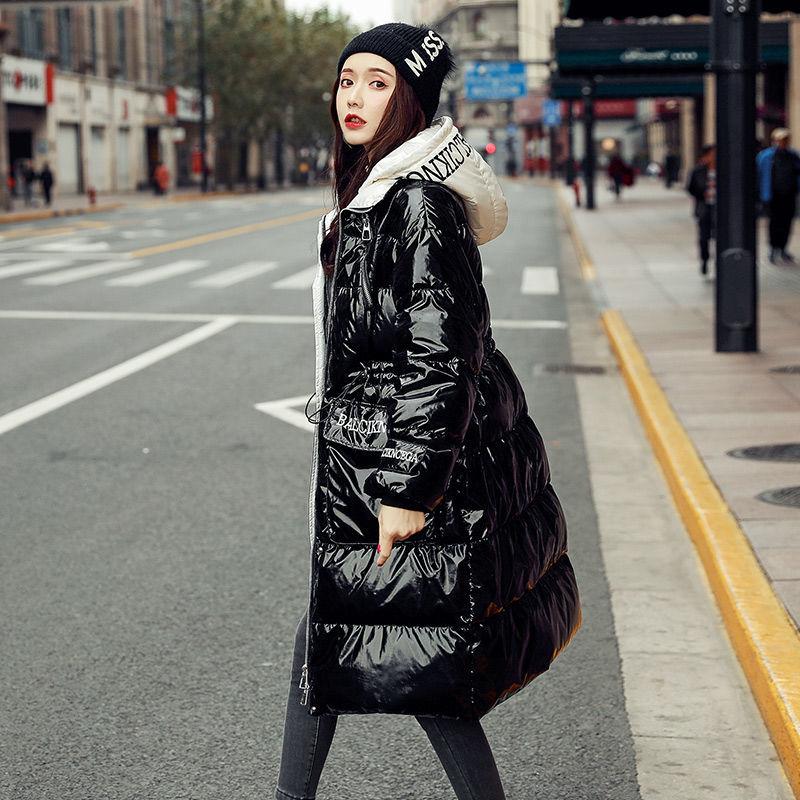 Winter Down Jacket Shiny Korean Version of White Duck Down Thick Loose Mid-length Waist Slimming Hooded Fashion Jacket