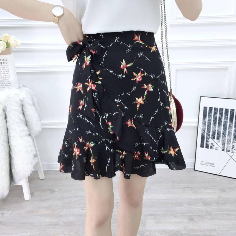 Bohemian Print Summer Skirts Womens Ruffle Floral Short Skirt High Waist Chiffon Beach Mini Skirt