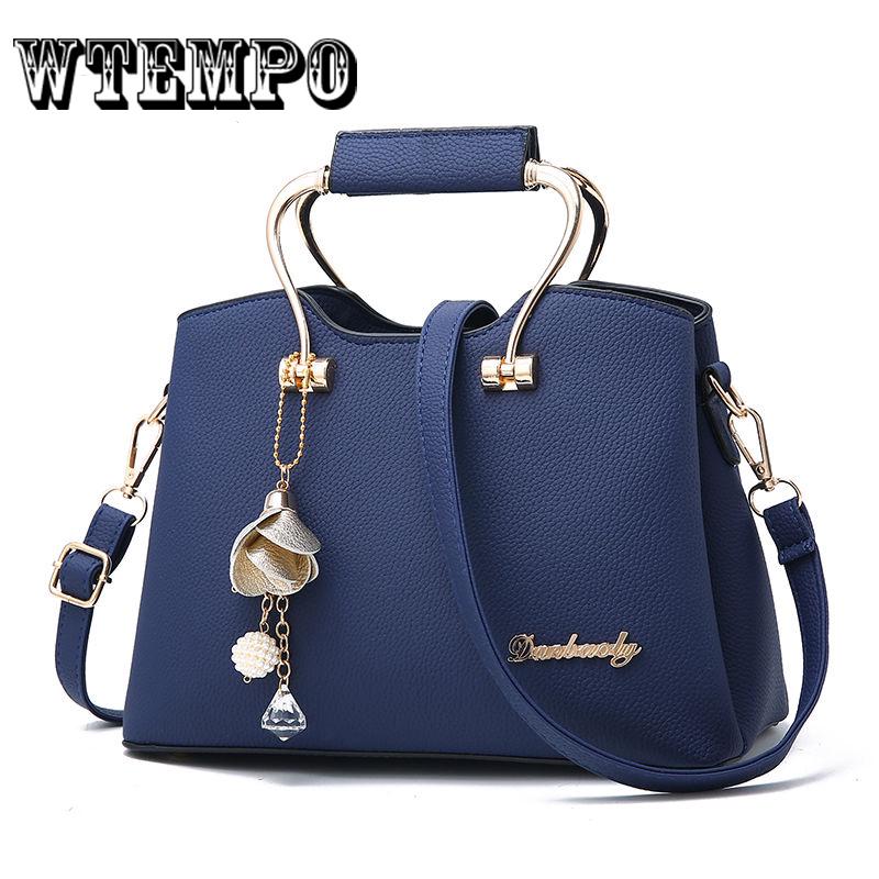 Leather Shoulder Bag Women Crossbody Tote Bag Metal Pendant Hanging Ornament Handbags