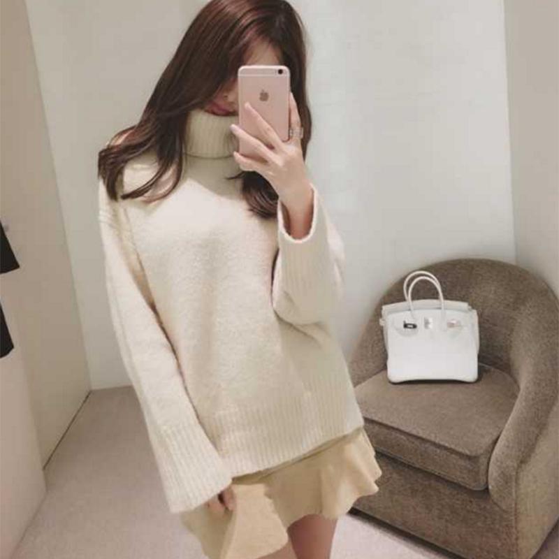 PofuLove Winter New Student Turtleneck Sweater Women Thick Yellow Loose Mid-length Knitted Top