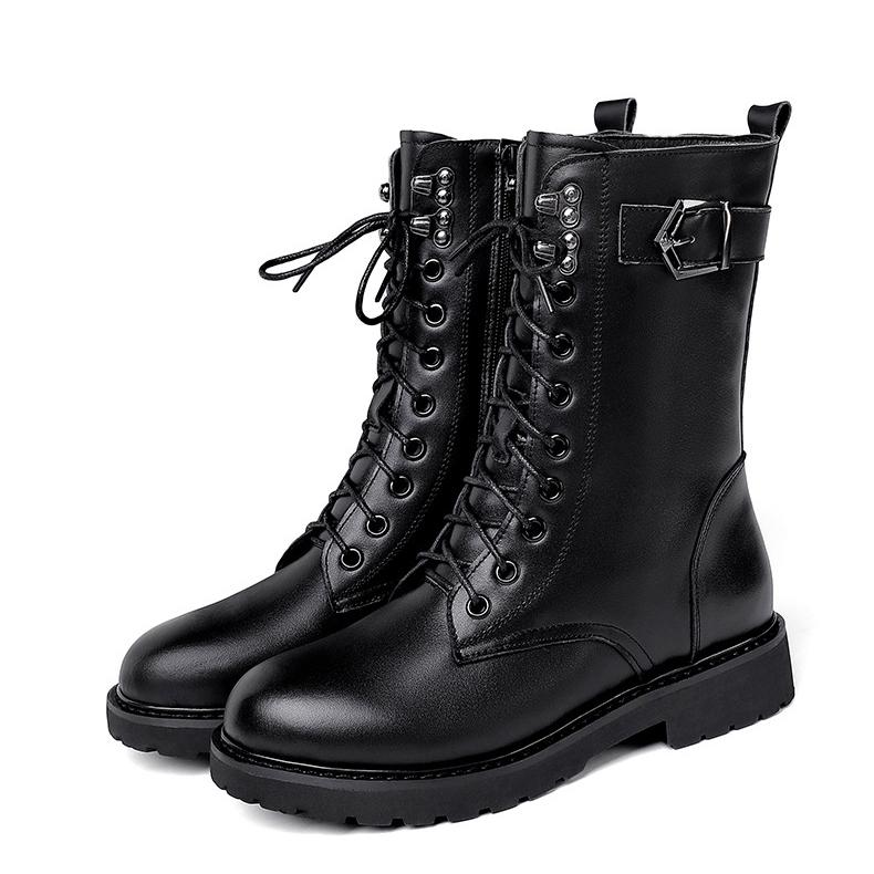Genuine Leather Wool Fur Boots 35-43 Women Winter Shoes Black Ankle Booties Warm Platform Chunky Boots Fashion Flats