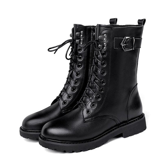 Genuine Leather Wool Fur Boots 35-43 Women Winter Shoes Black Ankle Booties Warm Platform Chunky Boots Fashion Flats