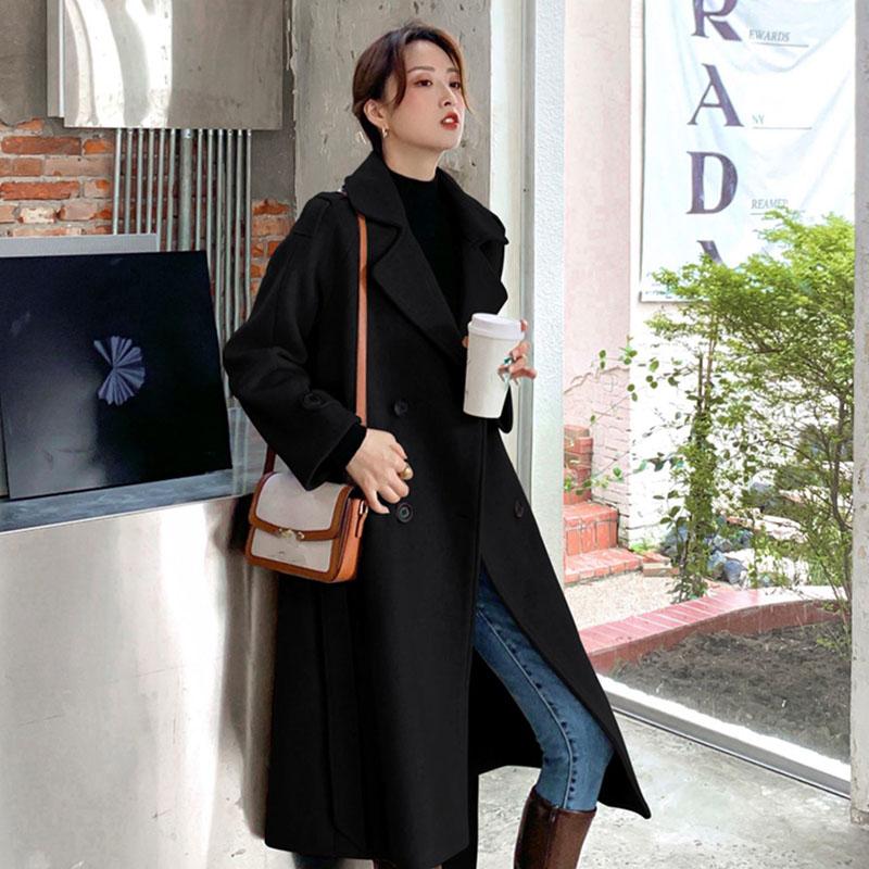 Fashion Women's Mid-length Woolen Coat Knee-length Waist Hepburn Style Thick Woolen Coat