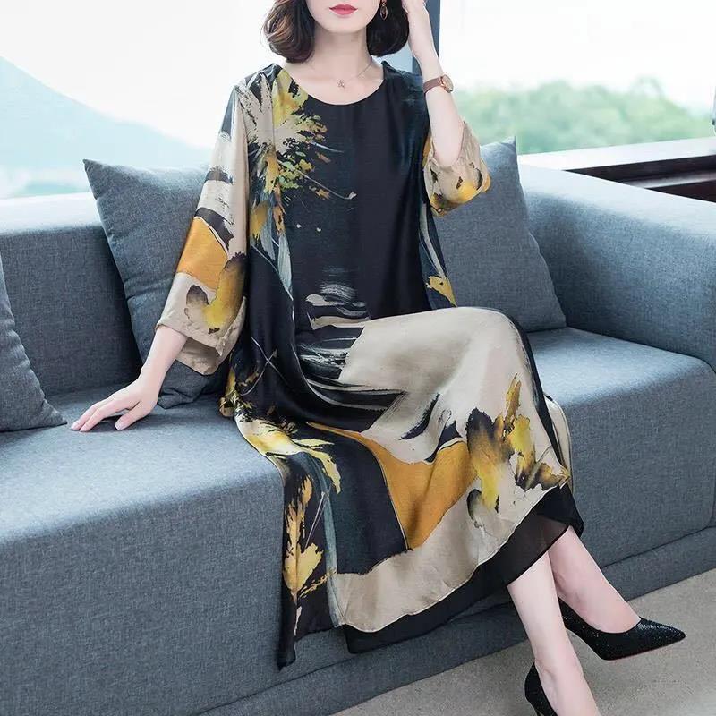 Summer Women's Dress Middle-aged Mother 3/4Sleeve Round Neck Printing Mid-length Daily Wear