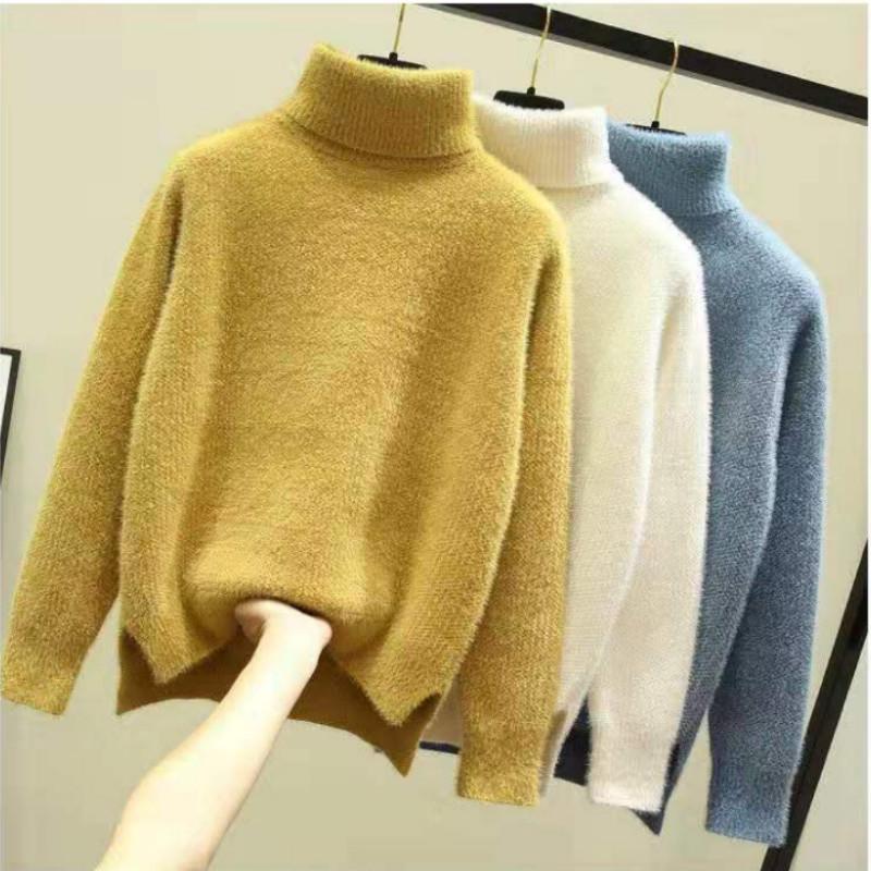 Pofulove mink cashmere loose turtleneck cashmere cashmere ashion solid color sweate pullover