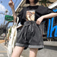 WTEMPO Zipper Drawstring Bow High Waist Denim Shorts Women Wide Leg A-line Thin Curled Bottom Casual Shorts