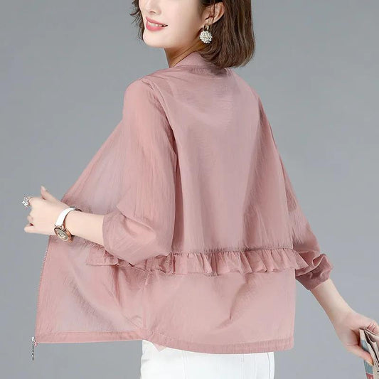 Solid Color Sun Protection Clothing Women's Long-sleeved Thin Section Breathable Loose Short Section All-match Large Size Stand Collar Jacket