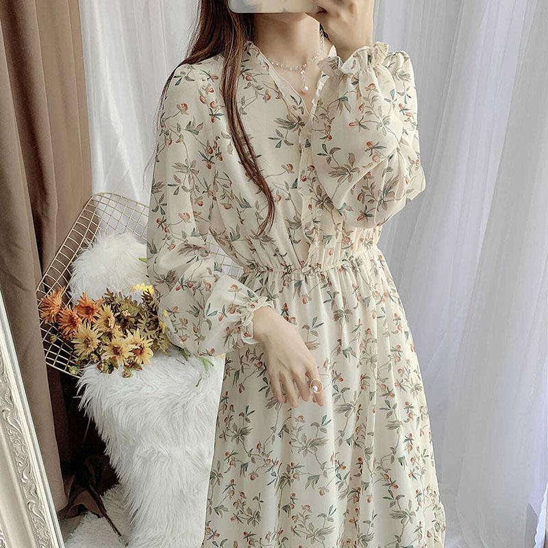 Spring French Romantic Retro Floral Dress V-neck Long-sleeved Sweet Waist Thinner Mid-length All-match Dress Female