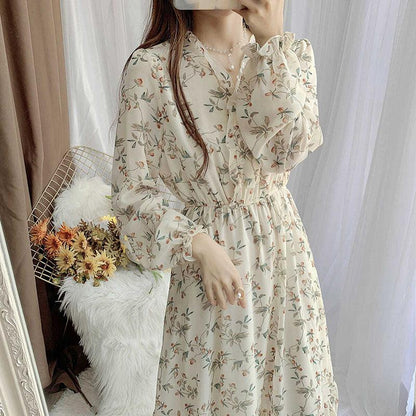 Spring French Romantic Retro Floral Dress V-neck Long-sleeved Sweet Waist Thinner Mid-length All-match Dress Female
