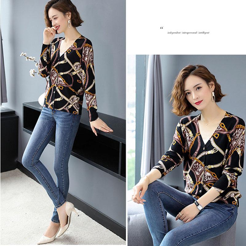 Women Printed  Cardigan Sweater Autumn Winter Long Sleeve V-Neck Casual Knitted Cardigan Elegant Female Tops Knit Jacket Coat