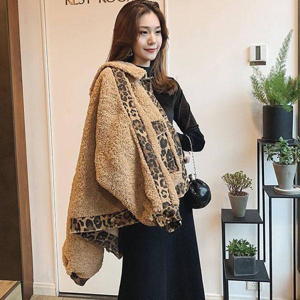 Autumn Winter Women's Loose Imitation Lambs Wool Jacket Coat Student Warmth Leopard Stitching Denim Parka