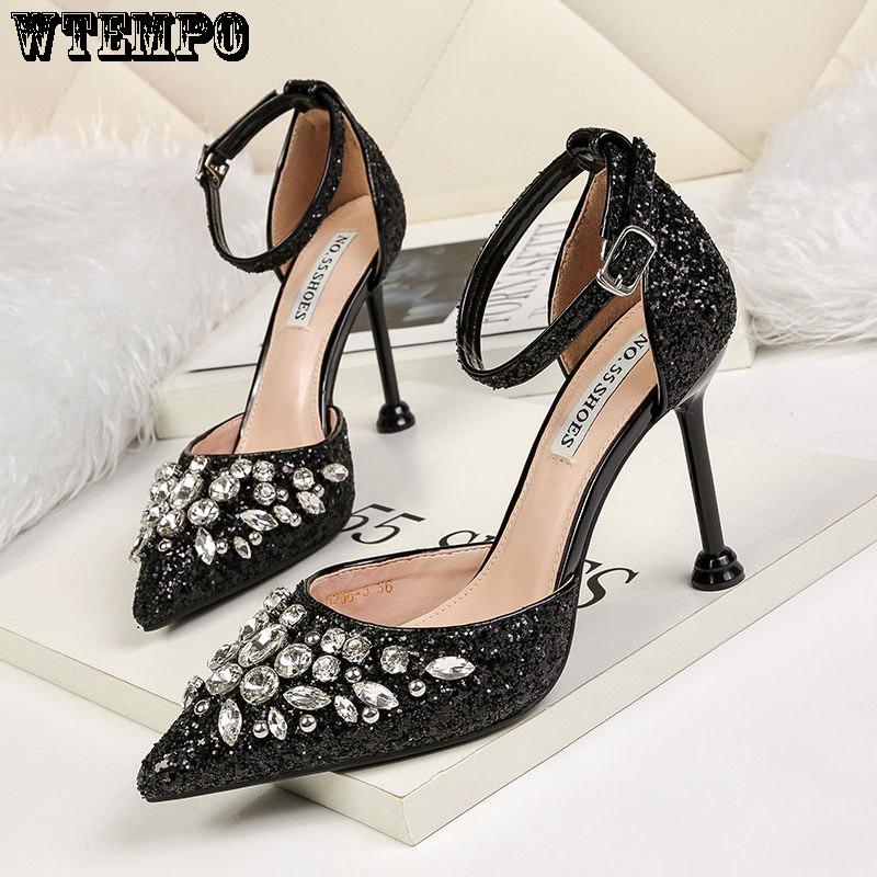 High Heels Ladies Gold Sequins Pointed Crystal Stiletto Bridal Wedding Shoes To Attend The Banquet