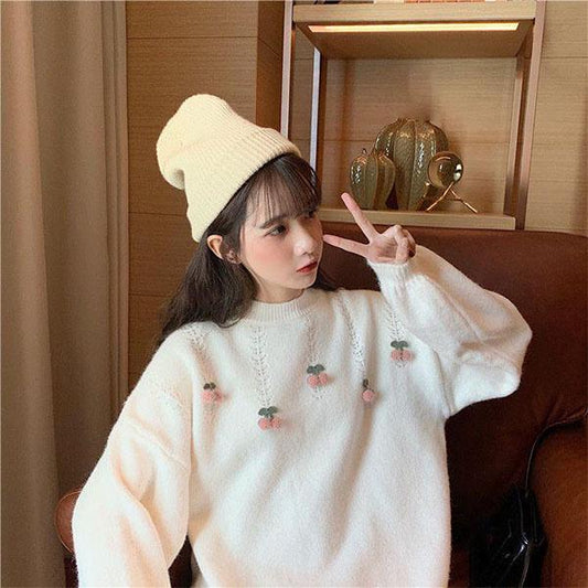 Autumn and Winter Sweater Women Loose Sweet Three-dimensional Cherry Pullover Student Long-sleeved Sweater Outer Wear Sweater