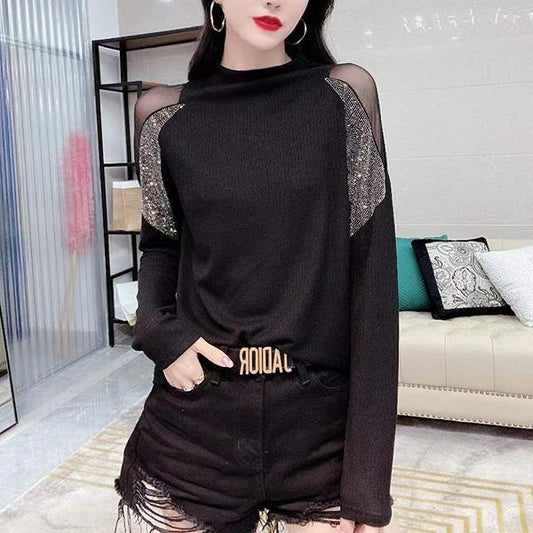 Stitching Long-sleeved Bottoming Shirt Women Half High Neck T-shirt Top Casual Fashion Coat