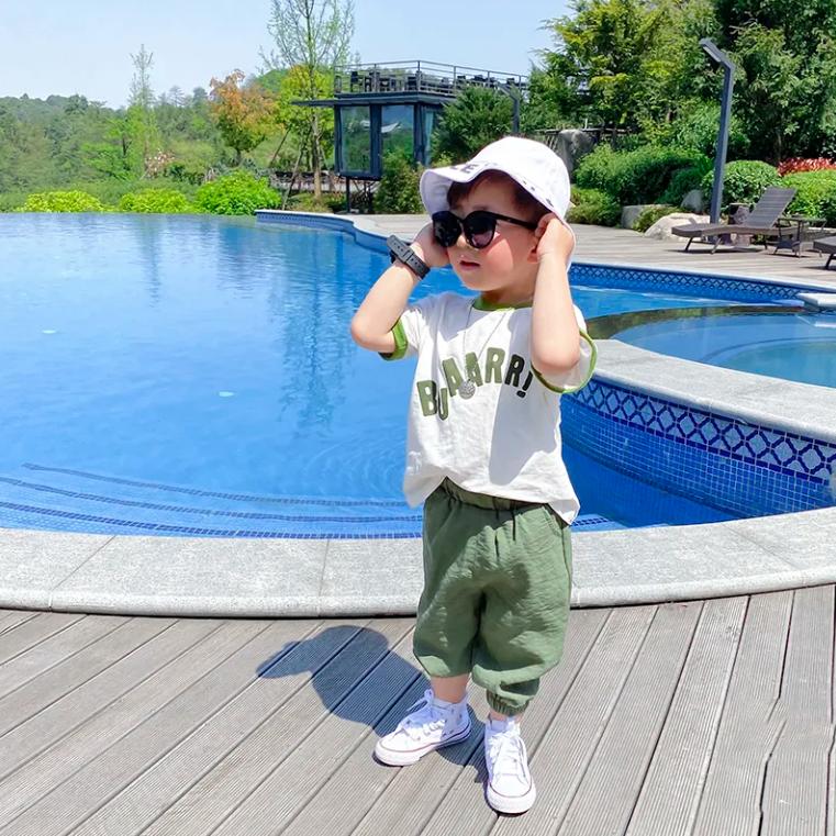 Children's Suit Summer Thin Boys' Korean Printed Letter Dinosaur Loose T Shirt Casual Pants Leggings Two Piece Set