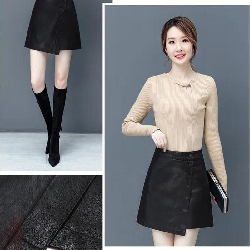 Women's Leather Skirt Black Autumn  Winter High Waist Package Hip Skirt Irregular A-line Bodycon Skirt