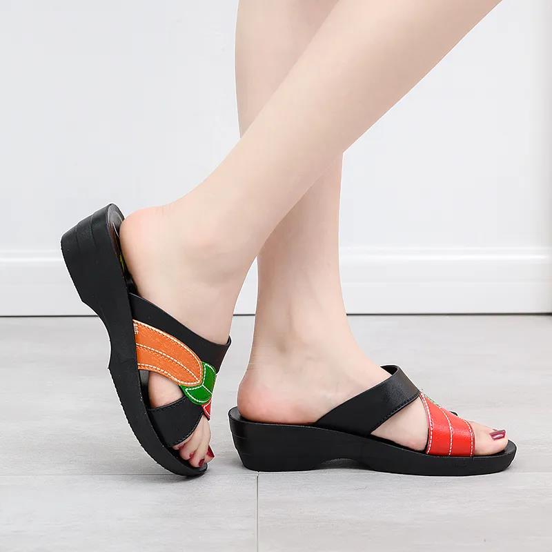 Thick Bottom Wedge Heel Sandals and Slippers Women's Outer Wear Non-slip Soft Sole Slippers Ladies Faux Oxford Leather Sandals and Slippers