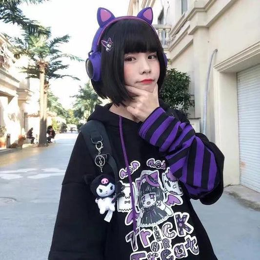 Autumn Winter Sweatshirts Women Anime Pullover Hoodies Fake Two Piece Striped Sleeve Oversized Loose Fashion Black Sportshirts Hip Hop Hooded Tops