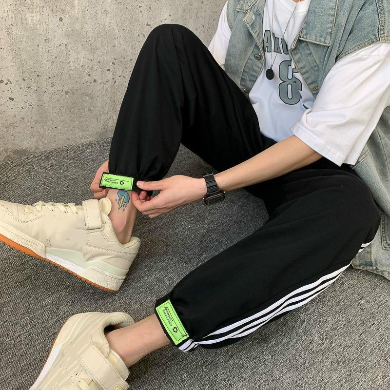 Fat Men's Oversized  Sports Pants Spring and Summer Thin Casual Wide-legged Striped Trousers