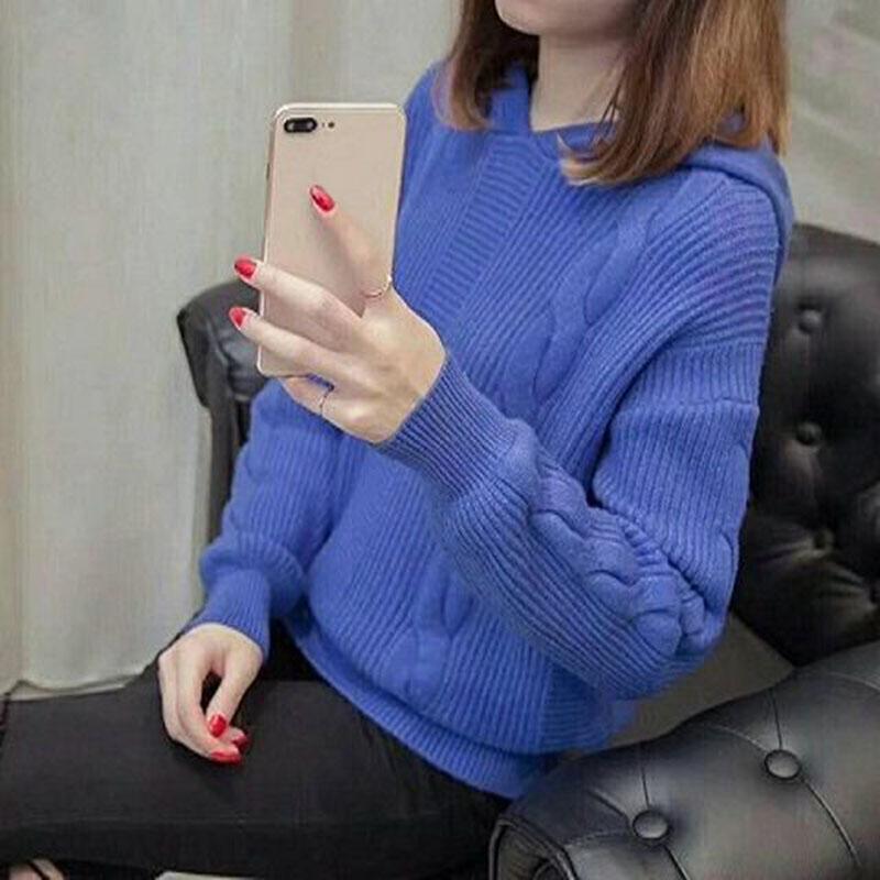 Sweater Women Autumn Winter V-Neck Black Hooded Sweater Long Sleeve Pullover Knitted Sweater