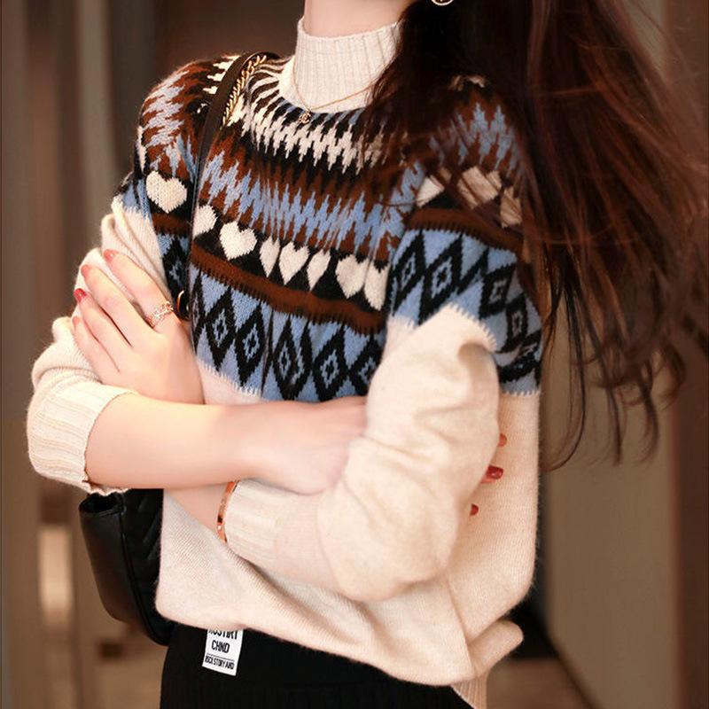 Sweater Women's Half Turtleneck Pullover Knitwear Lingge Korean Loose Top Trending Sweater Autumn and Winter Fluffy Top