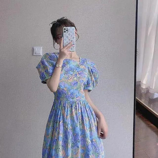 Female Vintage High Waist Super Fairy Holiday Dress Elegant Slim Floral Print Pleated Vacation Dress